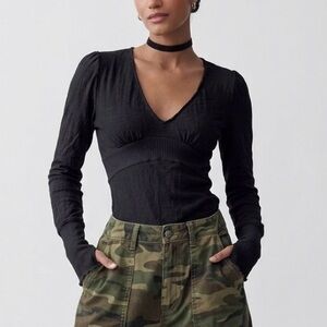 Free People We The Free Black Cotton Linen Blend V-Neck Empire Waist Top Small